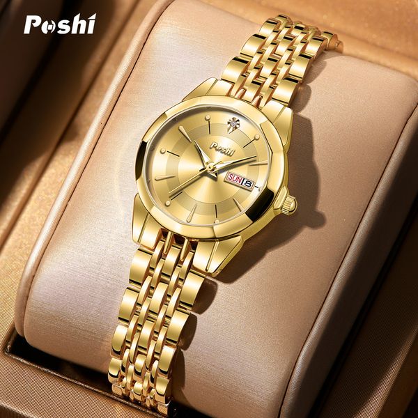 

wristwatches poshi original waterproof women quartz watch stainless steel watch with date week fashion casual ladies wristwatches 230215, Slivery;brown