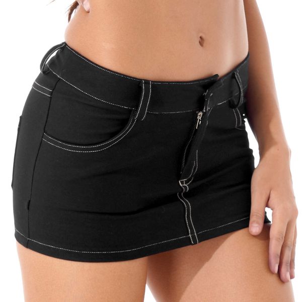 

skirts womens ladies low waist jean mini skirt streetwear clubwear casual zipper fly denim miniskirt with pockets for beach party club l2302, Black