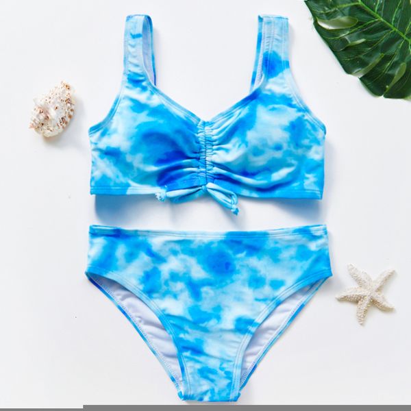

children's swimwear girls swimsuit tie dye swimswear two piece biquini for 7-16years with pad blue tie dye swimwear with pad 230215