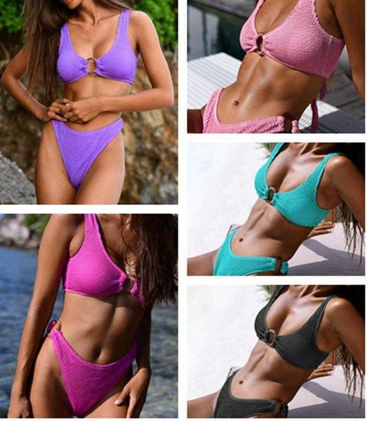 

hexuan swimwear solid color rib fabric ring swimsuit womens split, White;black