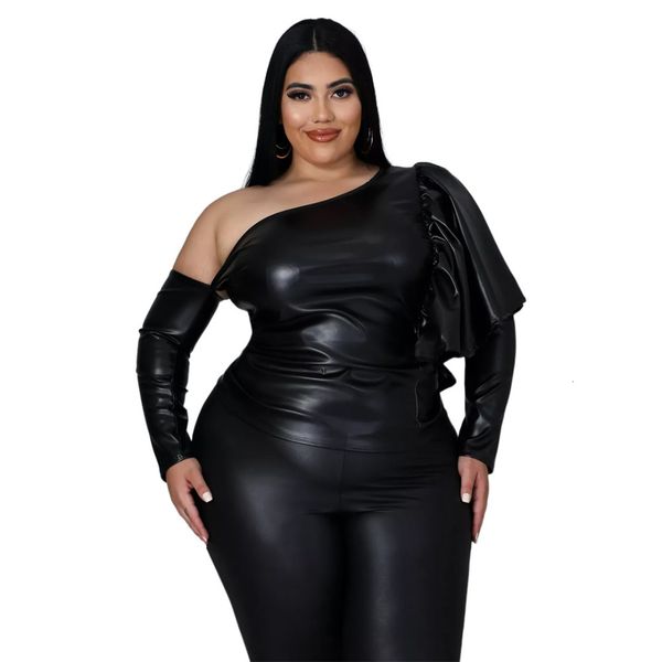 

women's plus size t-shirt plus size ladies blouses fashion elegant luxurious elastic matte leather diagonal shoulder women's cloth, Black