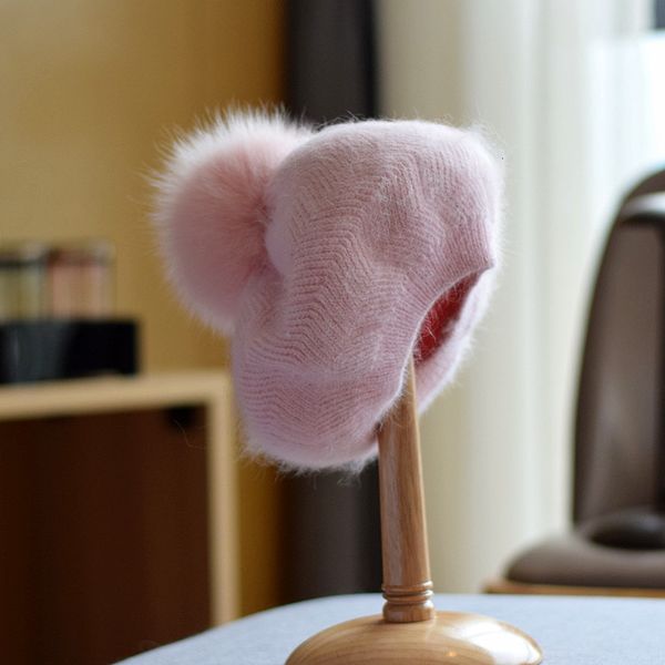

beanieskull caps beret women winter hat angora knit real fur pompom autumn warm skiing accessory for outdoors luxury 230215, Blue;gray