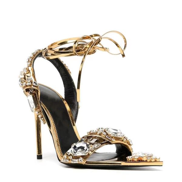 

sandals high heel rhinestone decorative fashion party shoes open toe pointed luxury designer ankle tie bow .5cm slim heel women's sho, Black