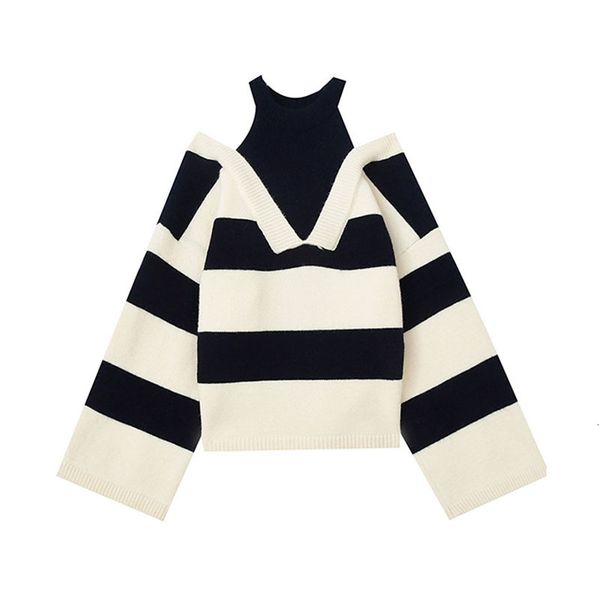 

womens sweater striped fake two pieces off shoulder slash neck pullovers office fashion autumn winter chic knitwear 230214, White;black