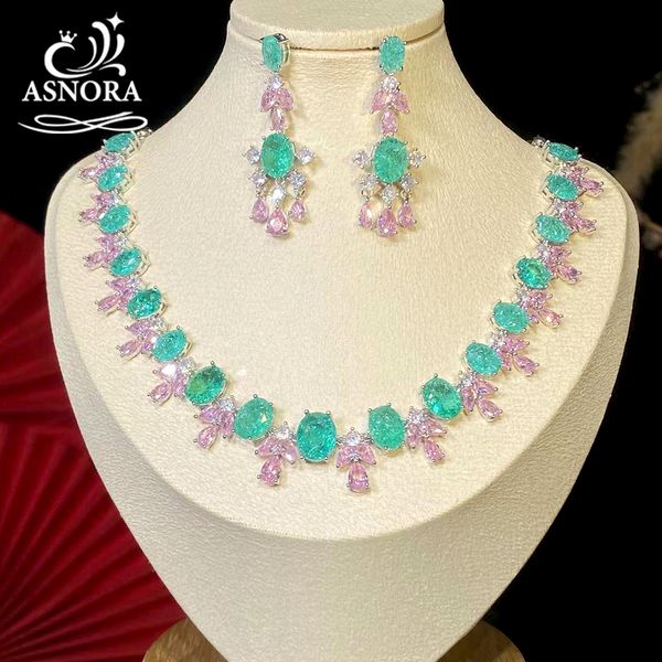 

wedding jewelry sets fashion blue-green and pink mixed cubic zirconia set necklace for women silver bridal 2 pcs wedding jewelry dinner acce, Slivery;golden