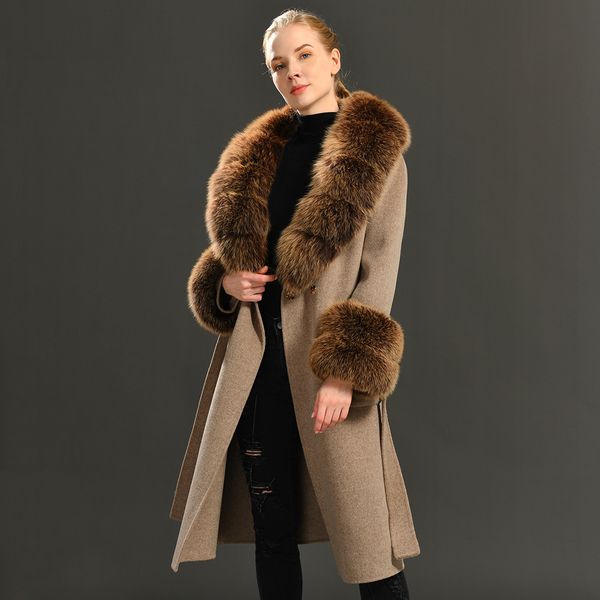 

women's jacket cashmere wool long coat big size fur collar spring autumn double face trench overcoat elegant with belt 230215, Black;brown