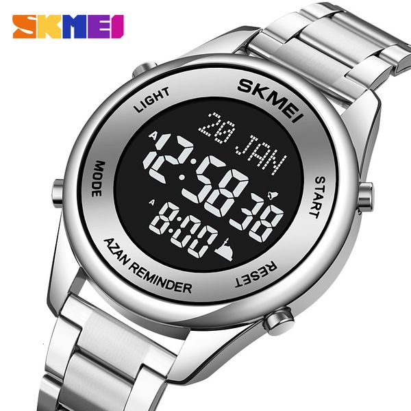

wristwatches skmei stainless steel muslim azan men watch for prayer with qibla compass adhan alarm hijri islamic wristwatch montre homme 230, Slivery;brown