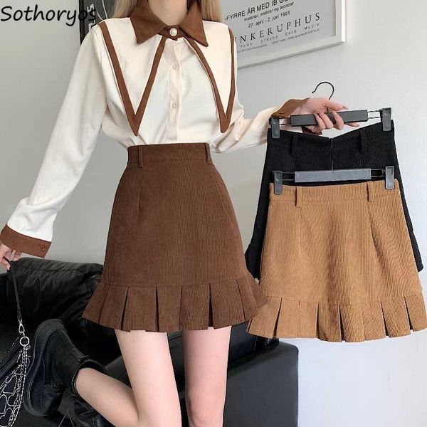 

skirts ruffles mini skirts women autumn corduroy pleated tender warm thicken classic retro solid high waist stylish a-lien hipster ins l2302, Black