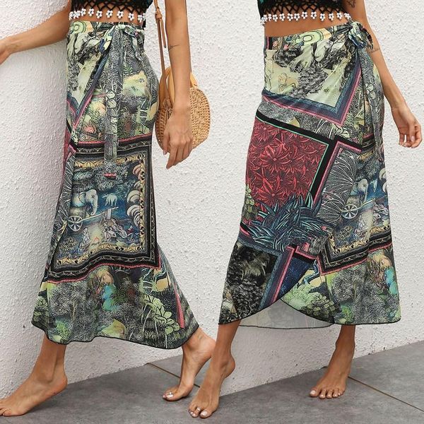 

2023xxskirts women's irregular retro printed tie skirt beach dress po color, Black