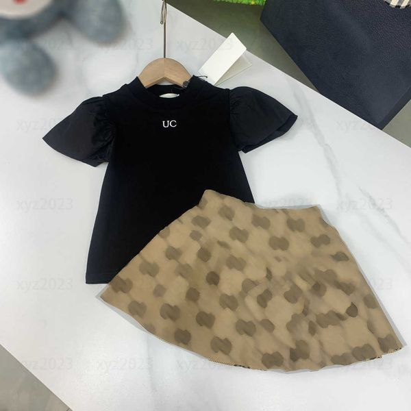 

luxury girls dress kids clothing child summer lotus sleeve design products two-piece suit t-shirt and skirt trend handsome new size 100-150c, White