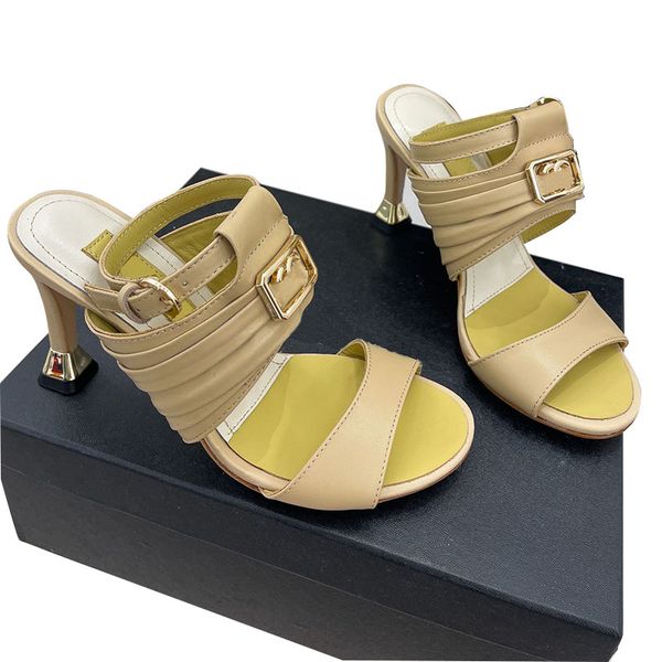 

classic womens slippers sandals square button stiletto heel height 8.5cm dress shoes slip-on 23ss lambskin fish-mouth slides mules designer, Black