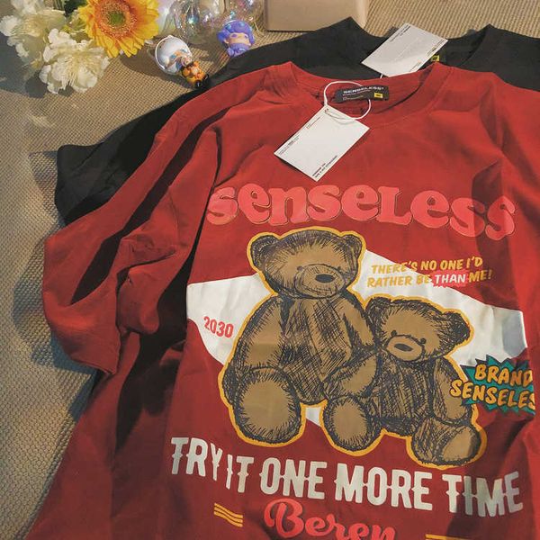 

women's t-shirt japanese retro soft girl bear shortsleeved cotton tshirt women oversized tshirt retro printing loose women j230215, White