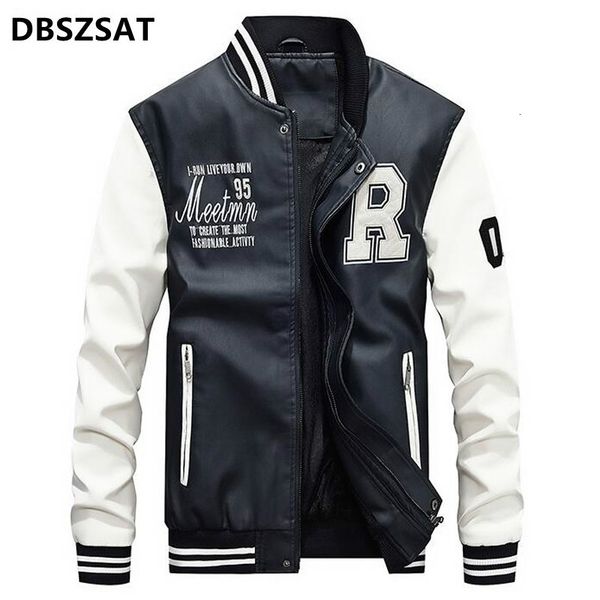 

men's jackets brand embroidery baseball jackets men stand moto biker leather jacket men casual fleece thicken faux leather coat m-4xl 2, Black;brown