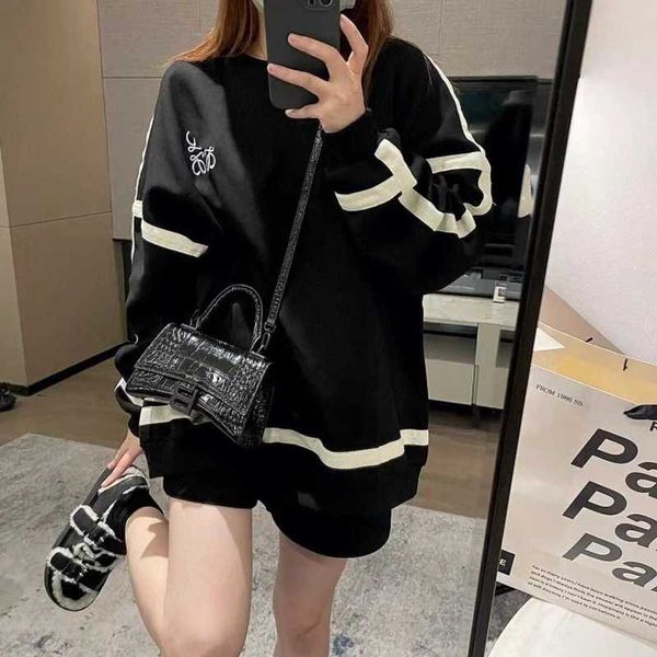 

designer autumn and winter new style embroidery weave stripe loose sweater design feel large black round neck plush