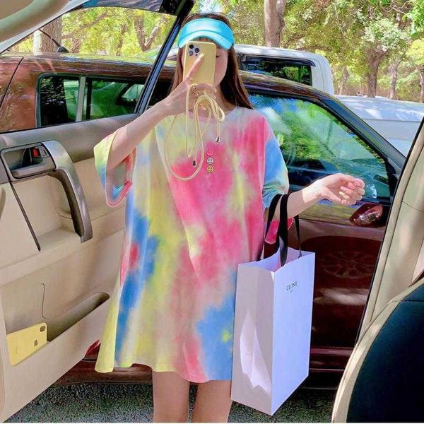 

women's t-shirt rainbow tiedye shortsleeved tshirt women loose and thin women's shirt face shirt halfsleeved oversized tshirt wome, White
