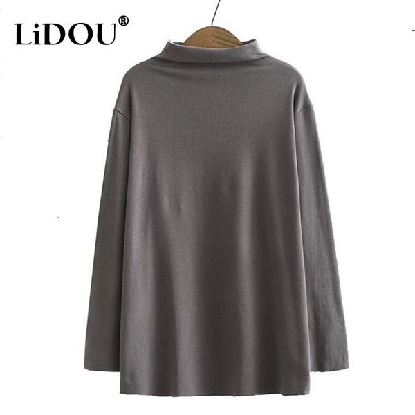 

women's plus size t-shirt temperament korean version versatile simple foreign style undershirt half high neck long-sleeved plus size wo, Black