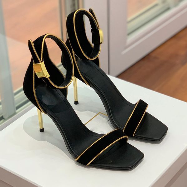 

gold trim sandals for womens luxury designer cashmere metal buckle cool shoes stiletto heel womens dress shoe with box 35-42 10cm high heele, Black