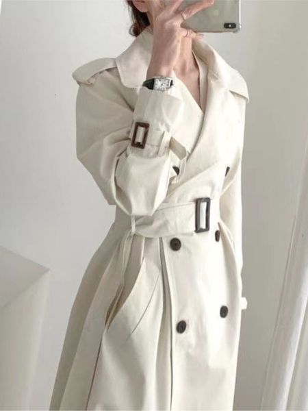 

women's trench coats 2023 women coat white double breasted long spring sashes korean female windbreaker 230215, Tan;black