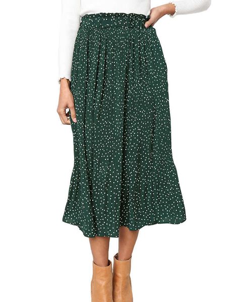 

skirts white dots floral print pleated midi skirt women elastic high waist side pockets skirts summer 2021 elegant female bottom l230215, Black