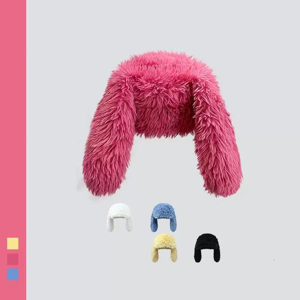 

beanieskull caps rabbit ears beanies korea ins niche cute rose red plush pullover cap winter warm keeping funny pography women's hats 2, Blue;gray