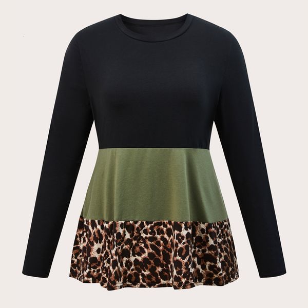 

women's plus size t-shirt plus size 4xl blouses women's autumn patchwork leopard long sleeve o neck casual t shirt loose oversize, Black