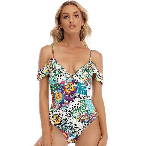

womens double shoulder triangle one piece swimsuit vintage print, White;black