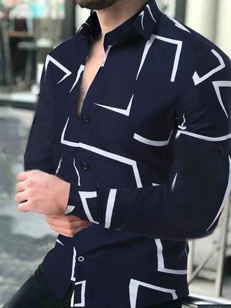 

mens casual shirts geometric long sleeve hawaiian social luxury button cardigan turndown collar for men clothes 230214, White;black