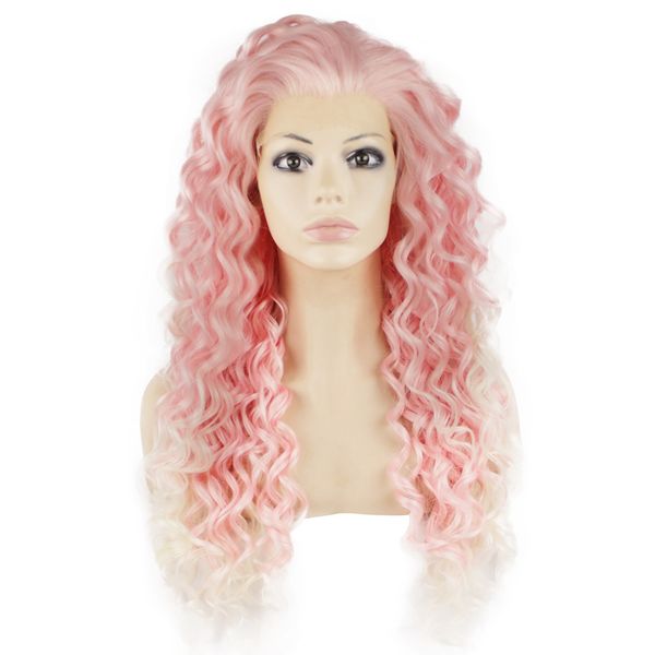 

26" extra long pink tip-white curly wig heat friendly synthetic hair lace front party wig, Black
