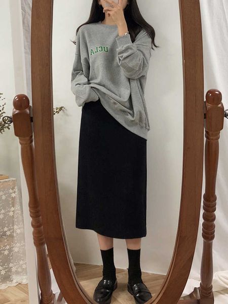 

skirts solid black brown mid calf women skirt vintage spring summer straight mi-long high waist girls skirts femininas winter women l230215