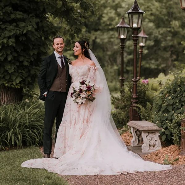 

a line wedding dress bride dresses off shoulder bell long sleeves court train full lace vintage gothic country bridal gown, White