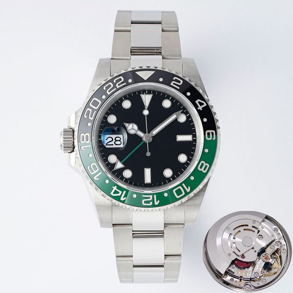 

ew factory luxury watches mens watch gmt ii eta3186 automatic mens watch sprite black green ceramic bezel 904l oystersteel bracelet left han, Slivery;brown