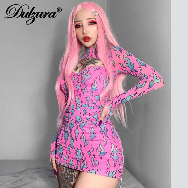 

casual dresses dulzura flame print hollow out women mini dress long sleeve gloves drawstring ruched bodycon streetwear club gothic autumn t2, Black;gray