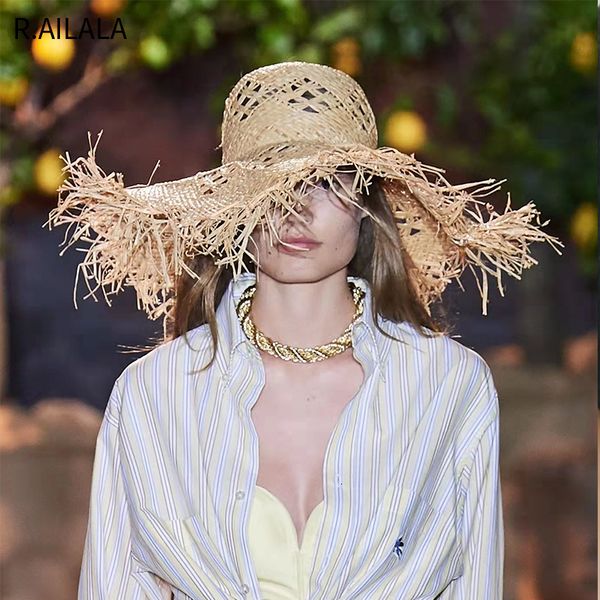 

wide brim hats bucket women summer natural raffia girl fashion ribbon floppy shading panama sun vacation travel beach straw 230215, Blue;gray