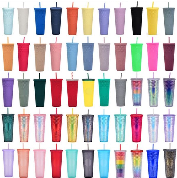 

61 Colors Double Walled 24oz Studded Tumblers with Lid Straw Reusable 710ml Radient Plastic Cold Cups Dia Durian Shaped Water Bottles Custom A0070, Multi-color
