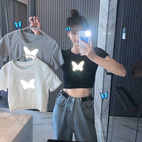 

women's t-shirt reflective butterfly shortsleeved tshirt women's summer 2021 new short slim bottoming shirt exposed umbilical tshi, White