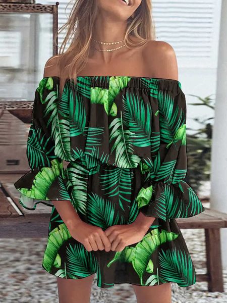 

casual dresses tropical print off shoulder bell sleeve casual dress t230210, Black;gray
