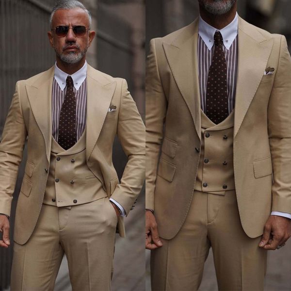 

three pieces wedding tuxedos men suits classical solid color peaked lapel suit one button handsome customized pockets multi-scenario coat pa, Black;gray
