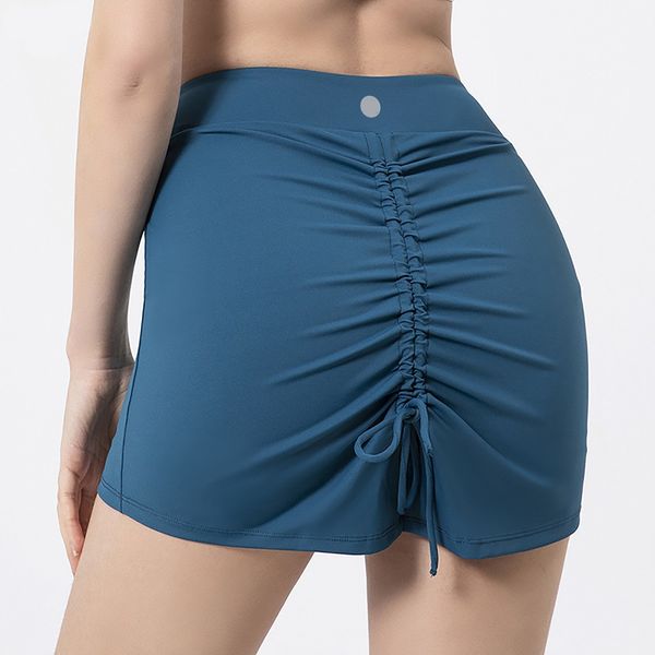 

ll women sport yoga skirts running shorts solid color drawstring hip-lifting skirt anti exposure fitness short skirt