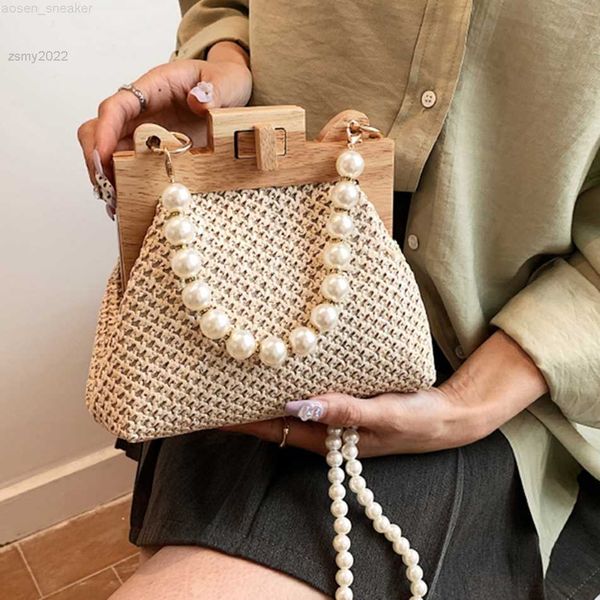 

fashion weave straw shoulder bag for women 2022 summer wooden handle clip bag luxury designer handbags trend female handbag