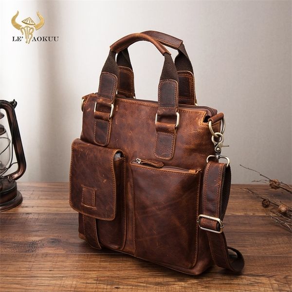 

briefcases men quality leather antique retro business briefcase 12" lapcase attache portfolio tote shoulder messenger bag 230215