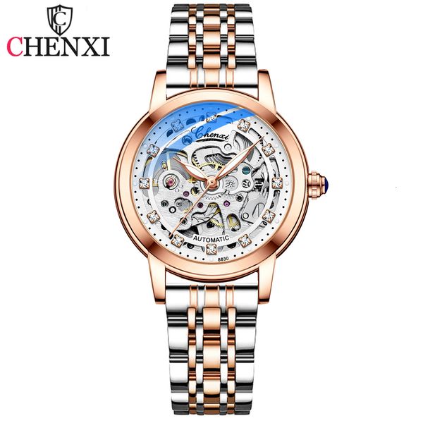 

wristwatches chenxi women automatic mechanical watch brand luxury stainless steel waterproof wrist watch ladies skeleton clock 230215, Slivery;brown