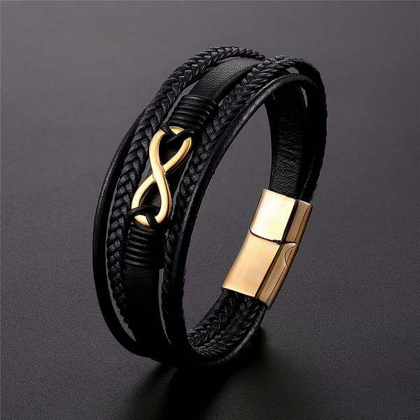 

charm bracelets multilayer genuine leather 8 words bracelet for men stainless steel magnetic clasp fashion bangles male jewelry pulseira 230, Golden;silver