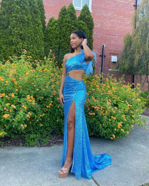 

blue sequin prom dress for black girls with split glitter one shoulder feather nigh evening dresses south africa party wear 2023 bling vesti