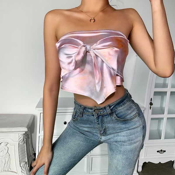 

women's tanks camis bow crop sleeveless women tie up tube bandana streetwear elastic ruched backless ladies satin summer 2020 j230216, White