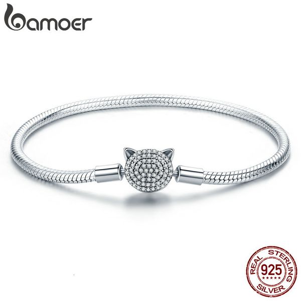 

charm bracelets 100% 925 sterling silver glittering cz cute cat snake chain bracelet for women and bead diy fine jewelry scb053 230215, Golden;silver