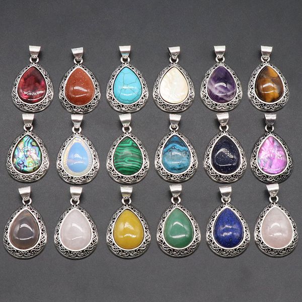 

natural crystal stone water drop pendant amethyst tiger eye lapis lazuli rose quartz charms necklace, Silver