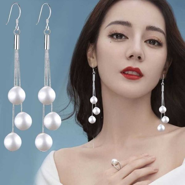

charm stud s925 sterling silver natural pearl anti-allergic women's long style korean versatile earrings earhook, Golden