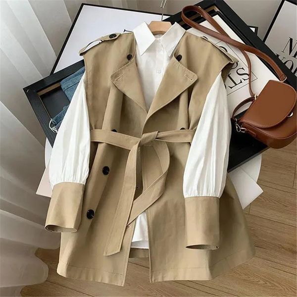 

two piece dress office ladies temperament 2pcs sets tie waist trench coat vest white shirt stitching sleeves women korean fashion suit 23021