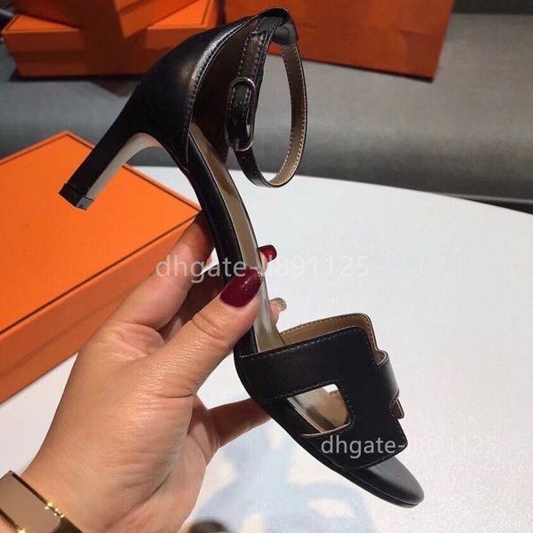 

classics women sandals party fashion 100% leather dance shoe new heels super 6.5cm lady wedding metal belt buckle high heel woman shoes larg, Black