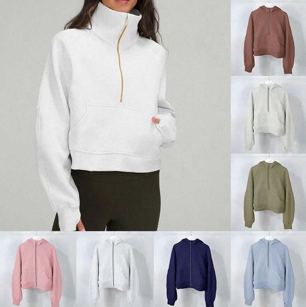 

designer thick scuba womens yoga hoodie jackets autumn and winter hoodys sports half zipper terry sweater loose short clothes, Black